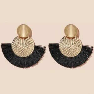 Gold & Black Fringe Round Hoop Earrings